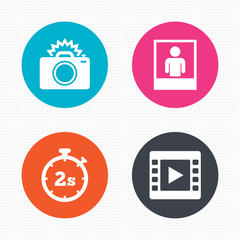 Photo camera icon. Flash light and video frame.