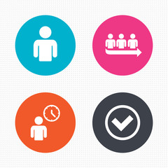 Queue icon. Person waiting sign. Check and time.