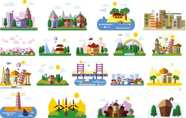 Obraz premium Set of different landscapes in the flat style - urban, rural, country, fabulous, city, mountain, travel and seascape