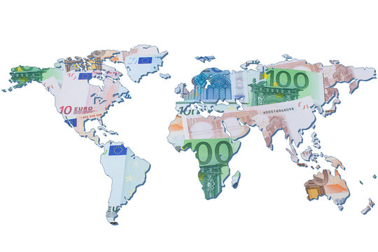 The world map made with euro bills. Isolated on white background