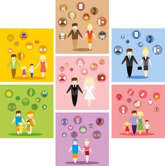 Business concept flat icons set of family, health, career and vacation infographic design elements vector illustration