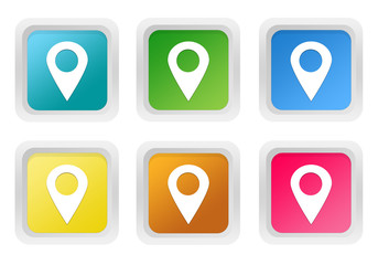 Set of squared colorful buttons with markers on maps symbol