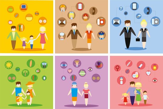 Business concept flat icons set of family, health, career and vacation infographic design elements vector illustration