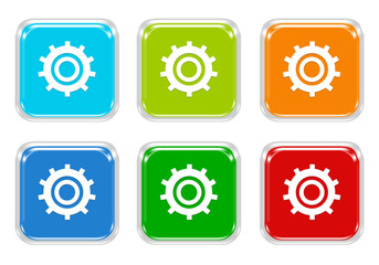 Set of squared colorful buttons with gears symbol