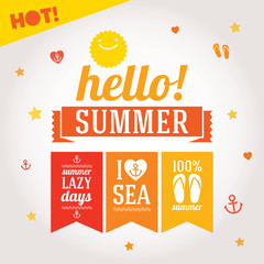 Hello summer labels set with symbols for poster, flags, t-shirts and others