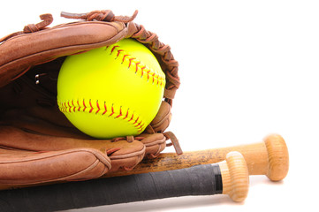 Softball Glove ball and two bats on white with copyspace - obrazy, fototapety, plakaty