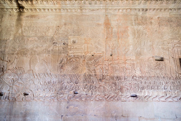 Historic Khmer bas-relief at Angkor Wat temple, Cambodia. A part of whole long image. Number 5