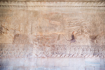 Historic Khmer bas-relief at Angkor Wat temple, Cambodia. A part of whole long image. Number 2