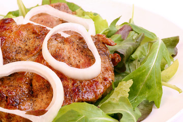 roasted meat onion green lettuce barbecue healthy homemade food diet on a white background