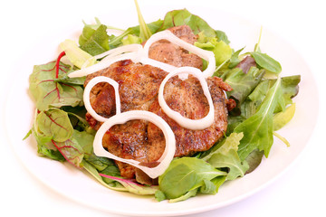 roasted meat onion green lettuce barbecue healthy homemade food diet on a white background