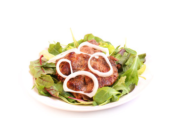 roasted meat onion green lettuce barbecue healthy homemade food diet on a white background