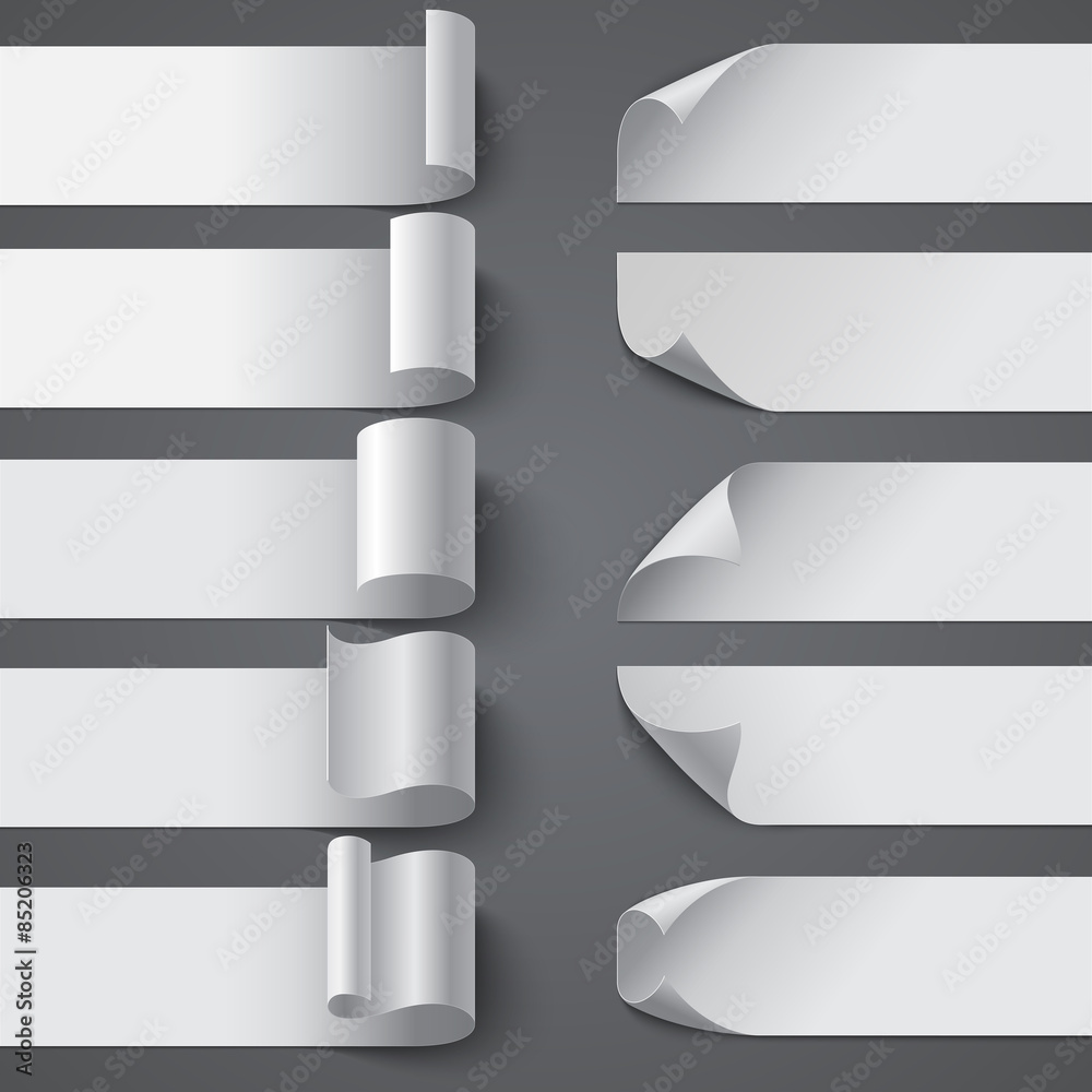 Poster set of curled blank paper banners with shadows on gray backgroun