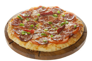 Pizza with sausage and hot peppers. Isolated on white.
