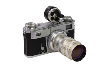 Classic 135 format camera with a telephoto lens  and universal  viewfinder on a white background - isolated