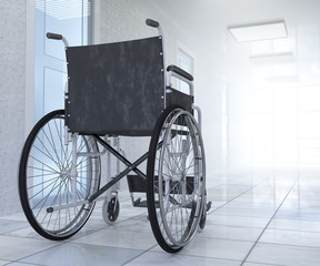Empty wheelchair parked in hospital hallwaychild hope concept background