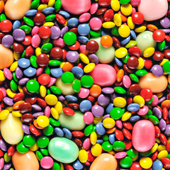 Close up of a pile of colorful chocolate coated candy