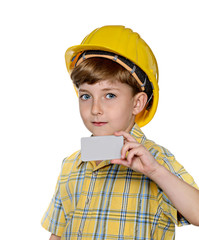 Cute kid while wearing construction helmet with holding blank wh