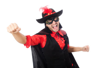 Young man in carnival coat isolated on white