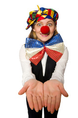 Fototapeta na wymiar Pretty female clown isolated on white