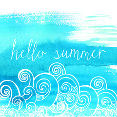 Blue paint sroke with doodle waves and text hello summer. 