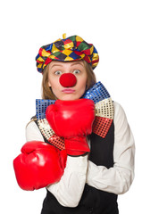 Pretty female clown with box gloves isolated on white