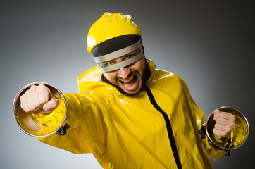 Man wearing metal glasses in techno concept