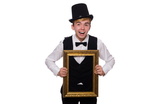 Young gentleman holding frame isolated on white