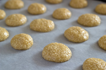 Fototapeta na wymiar Homemade sesame seed cookies on sheet before oven