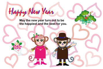 ハートの可愛い猿のイラスト年賀状テンプレート