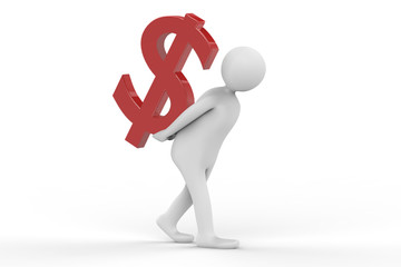3d illustration of person carrying word Dollar on his back.
 3d human person character and white people.