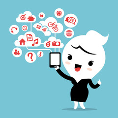 business woman with smartphone device cloud social network