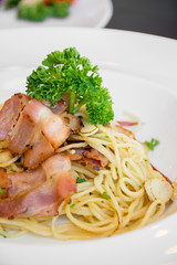 Spaghetti Pasta With bacon, garlic, olive oil And chilli.
