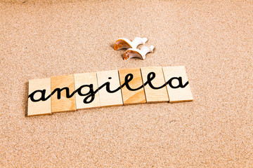 Words formed from small pieces of wood containing a sun and beach tourist destination, Anguilla