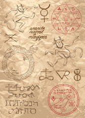 Old page from magic book with demons and mystic symbols