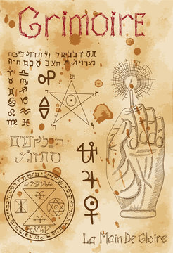 Page from magic book Grimoire with mystic symbols