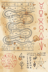 Obraz premium Hand drawn illustration with snake and mystic symbols