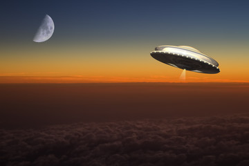 A UFO flies at high altitude over planet earth.