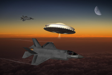 Fototapeta na wymiar Two modern jet fighters buzz a UFO at high altitude flying in the earth's atmosphere.