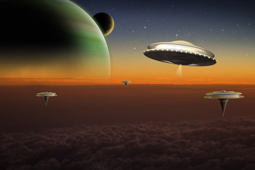 Obraz na płótnie Canvas A UFO flies over floating cities on an alien world.