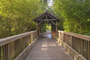 Small wooden covered bridge Oregon.