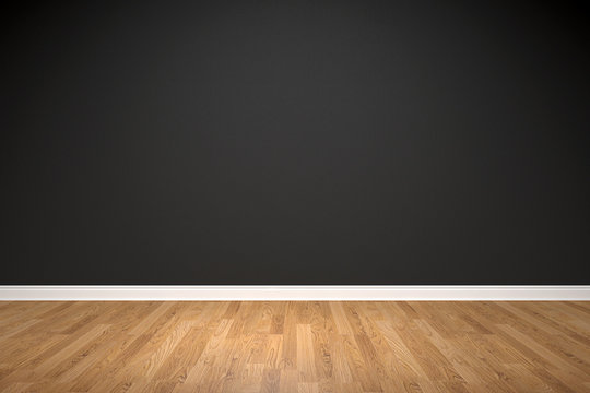 Blank black wall and wooden floor