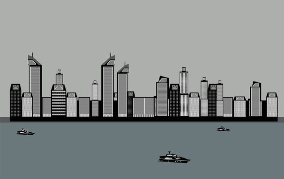 Isolated Buildings of the City, Sea, Boat. Vector Illustration