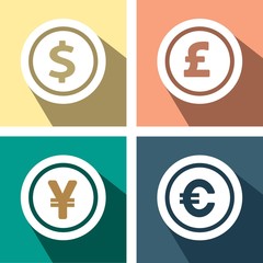 Currency symbols and money coins. Dollar, euro, yen and pound