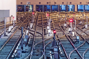Night view of rail tracks in depot, Kiev