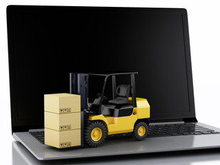  Laptop with Forklift truck. Delivering packages