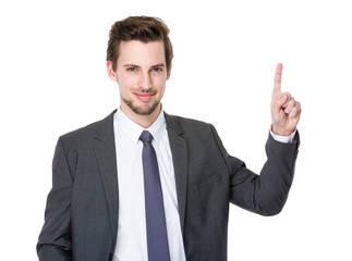 Caucasian businessman with finger showing up