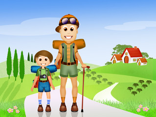 father and son walking in the mountains