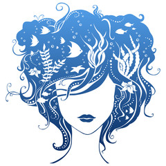 Girl with underwater life in hair.