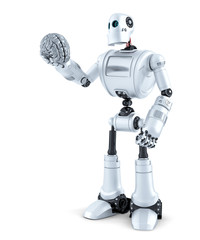 Robot holds a human brain in his hand. Isolated. Contains clipping path