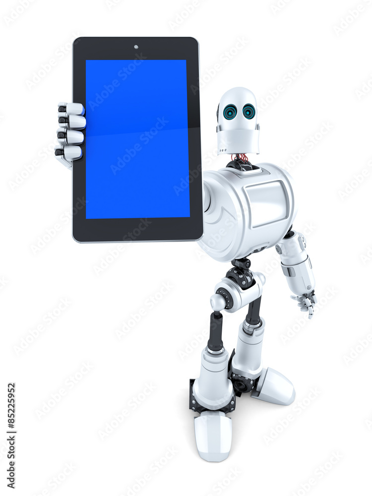 Poster robot showing touchscreen phone. isolated. contains clipping path